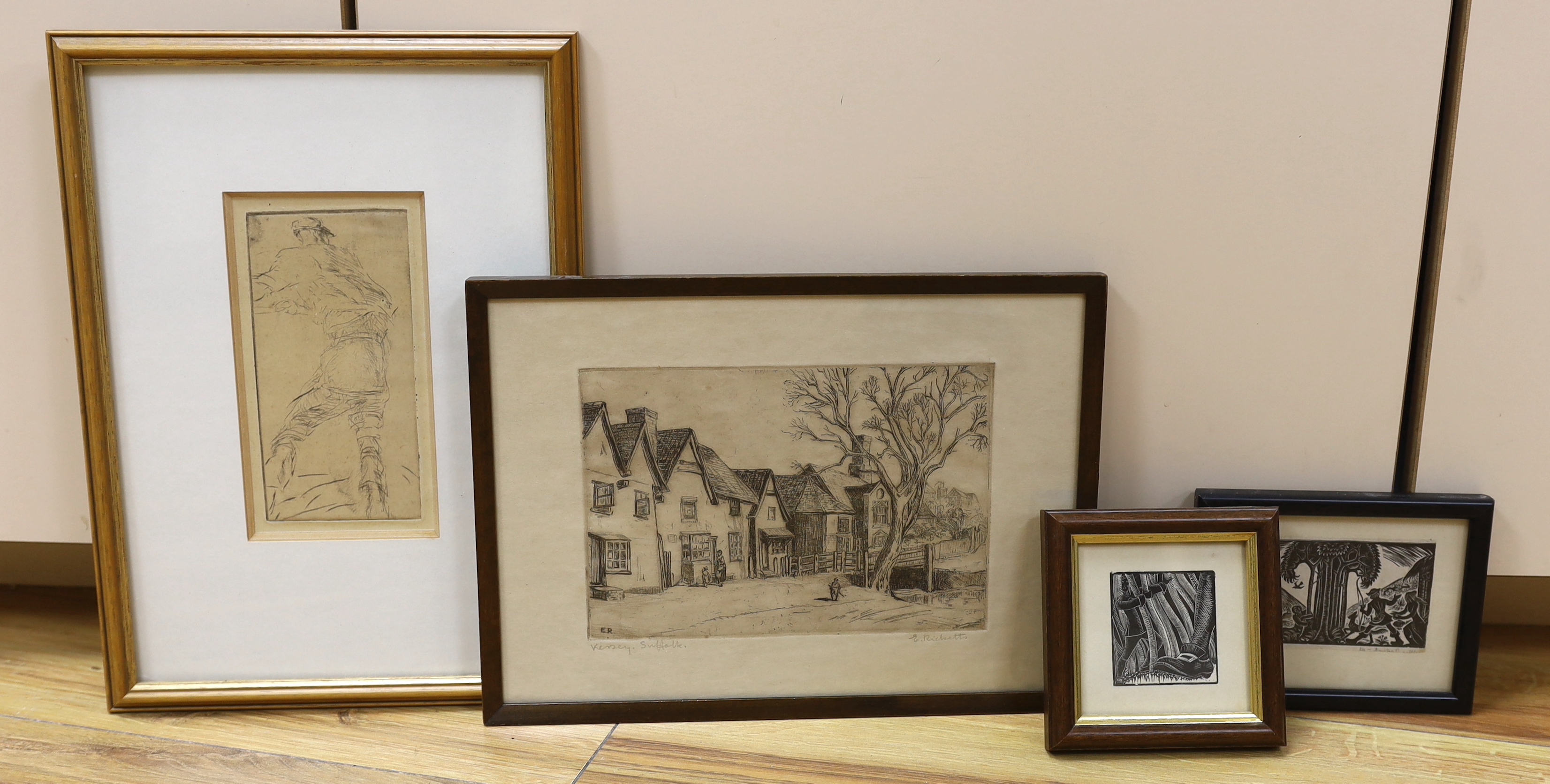 Harry Becker (1865-1928), drypoint etching, Study of a labourer, 14.5 x 7.5cm, an etching of Kersey, Suffolk by Ricketts and two small woodcuts